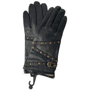 NWT Cynthia Rowley Women's Black & Brass Studded Strap Leather Gloves Size M